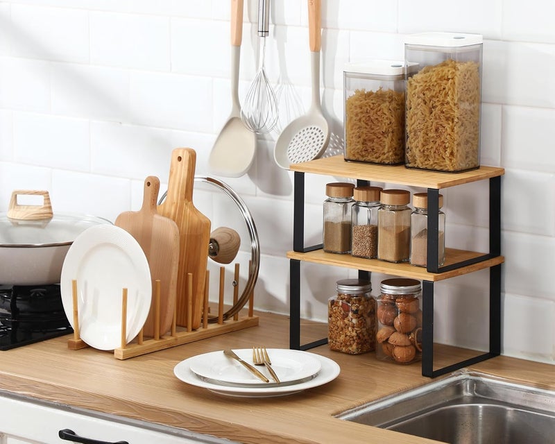 Marsui 4 Pcs Kitchen Organizer Accessories Set Cabinet Organizer Shelf and Bamboo Dish Drying Plate Rack Counter Shelves Storage Holder for Spice Rack, Dish, Pot Lid, Bowl, Cup(Light Color) - Image 4